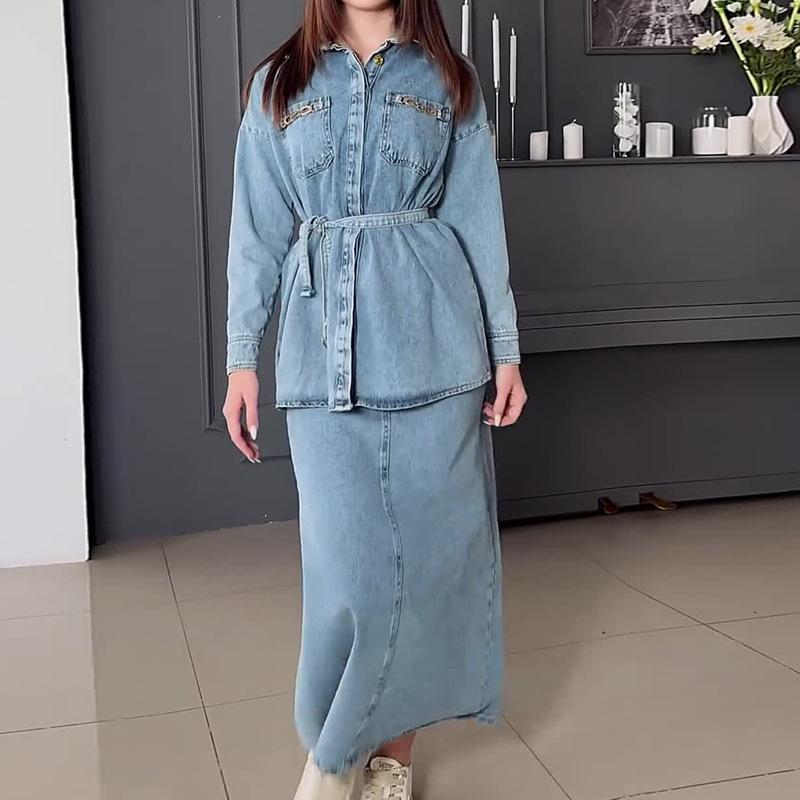 Women's Denim Casual Long Sleeve Top & Skirt Set Female Clothes Temperament Commuting Women Fashion Skirts Sets Outfits