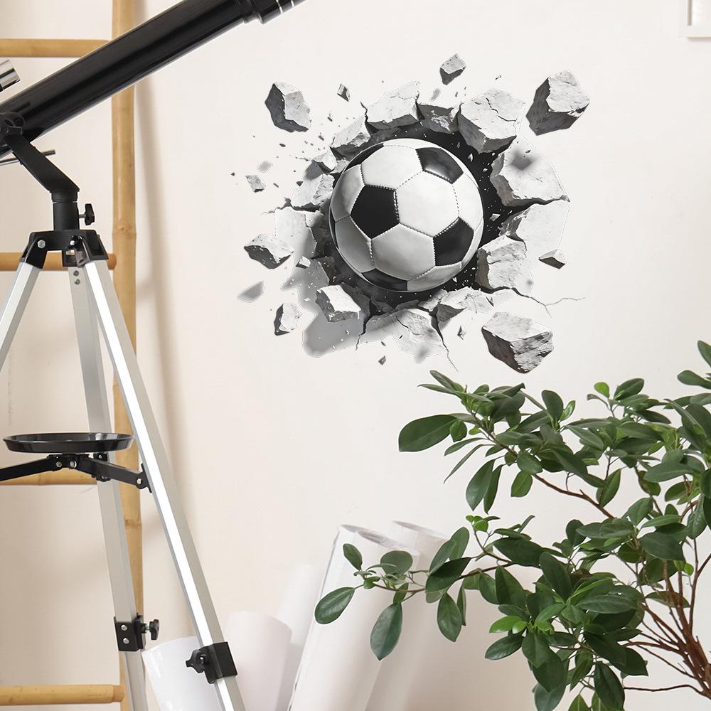 3D Breaking Through Wall Soccer Football Wall Sticker Self-Adhesive Removable for Bedroom Living Room Hallway Background Wall Sports Home Decor Art