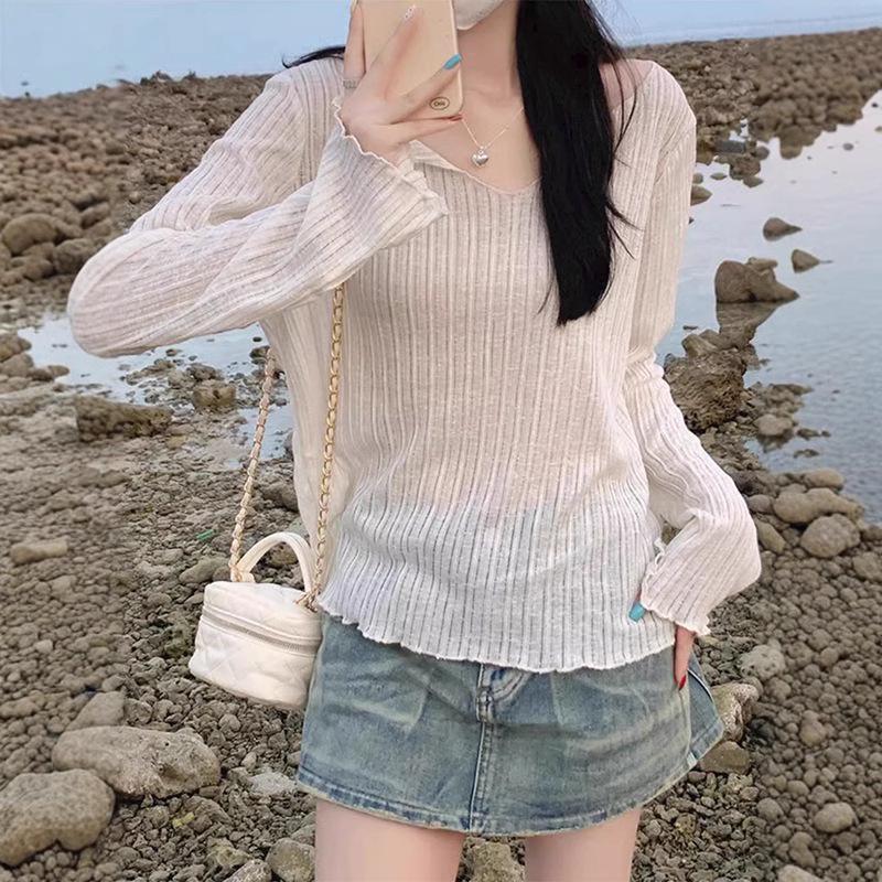 Sheer V-Neck Ruffle Trim Cardigan: Slimming Long Sleeve Sun Protection Top for Women