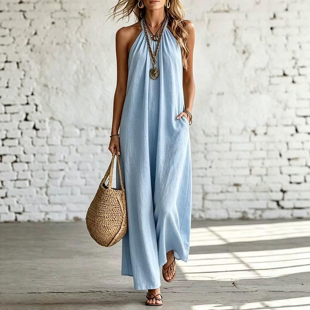 Maxi Abito in Lino con Scollo all'americana Senza Maniche, Schiena Scoperta Ampio Svasato con Tasche Vestito Estivo, Leggero Monocromatico Outfit Casual per Spiaggia Resort Vacanza Uso Quotidiano