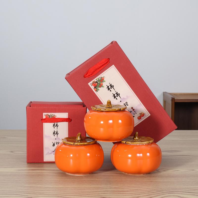 Persimmon tea can, persimmon ruyi gift box, souvenir gift, candy jar, ceramic sealed jar, happy candy wedding celebration