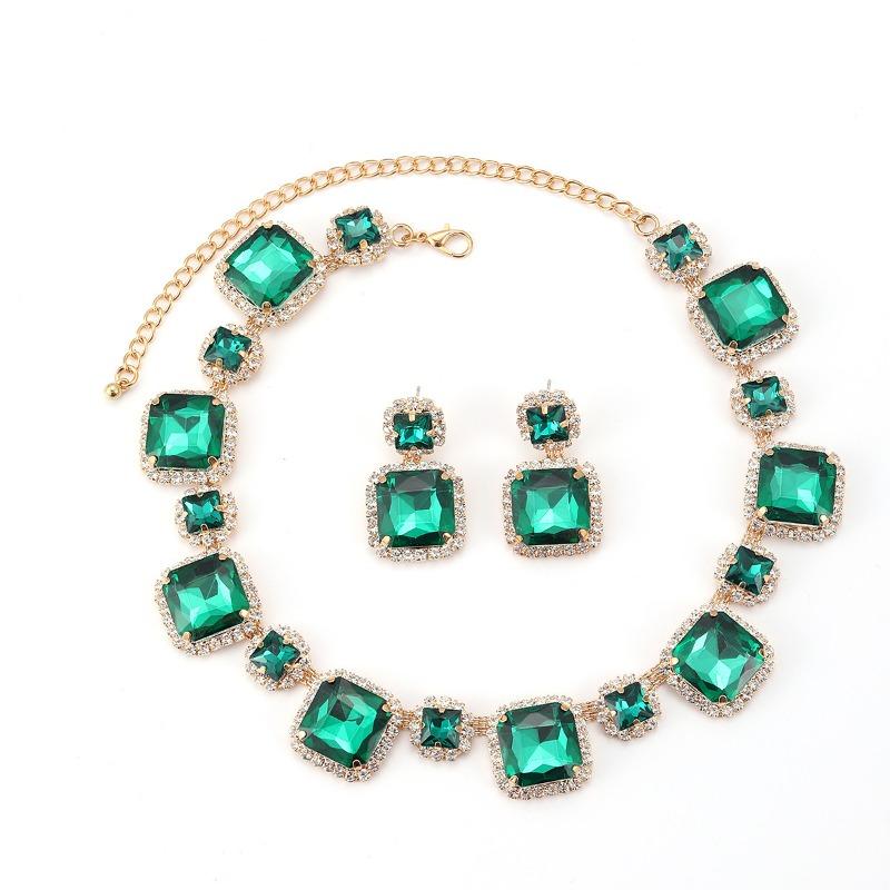 Exaggerated Luxury Rhinestone Green Red and White Earrings Necklace Set Earrings