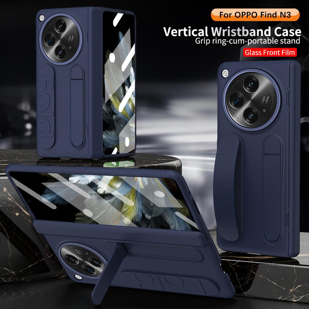 Luxury Business Fold Silicone Case for OPPO Find N3 Skin Feel with Wrist Strap and Stand and Glass Front Film Anti Drop Shockproof Protect Cover