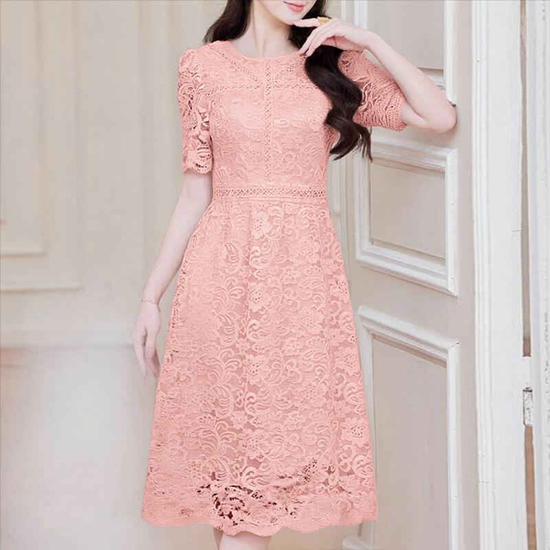

ZANZEA Women Elegant Lace Patchwork Casual O-neck Half Sleeve Dress 3XL рожевий