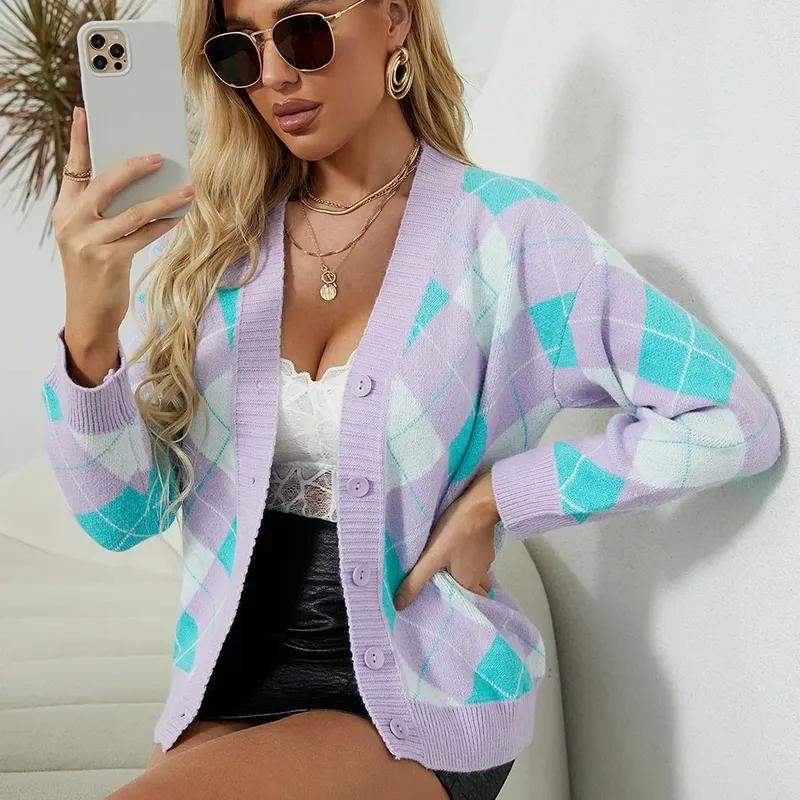 Cardigan tricoté imprimé géométrique décontracté, automne/hiver, pull contrasté, manteau polyvalent à manches longues, col en v, veste pull 30099