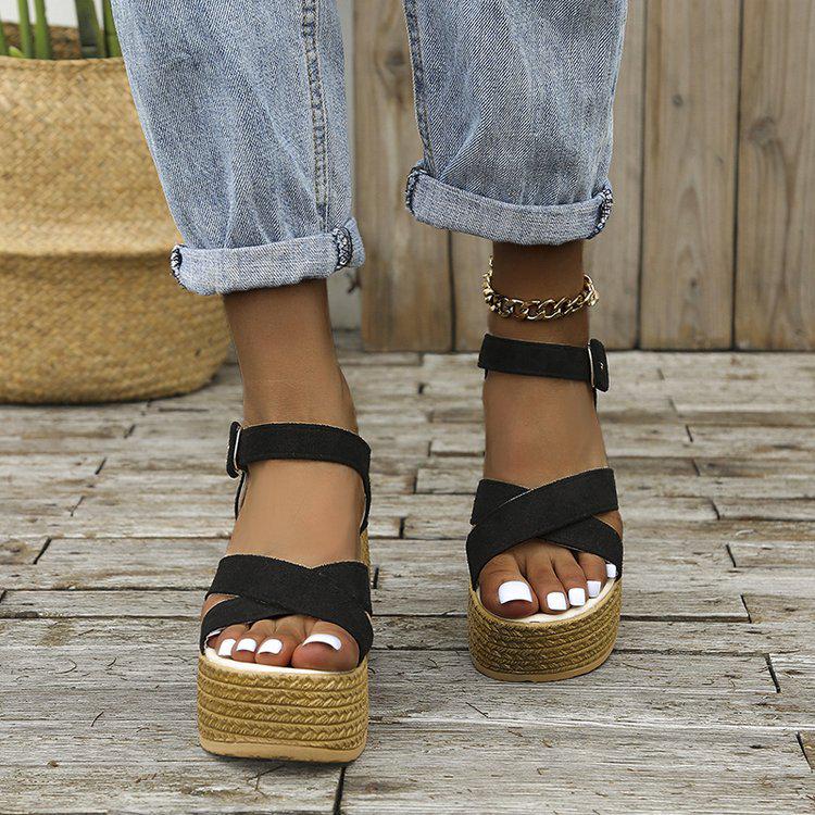 2024 Summer Plus Size Women's Wedge Heel Sandals with Buckle, European & American Style