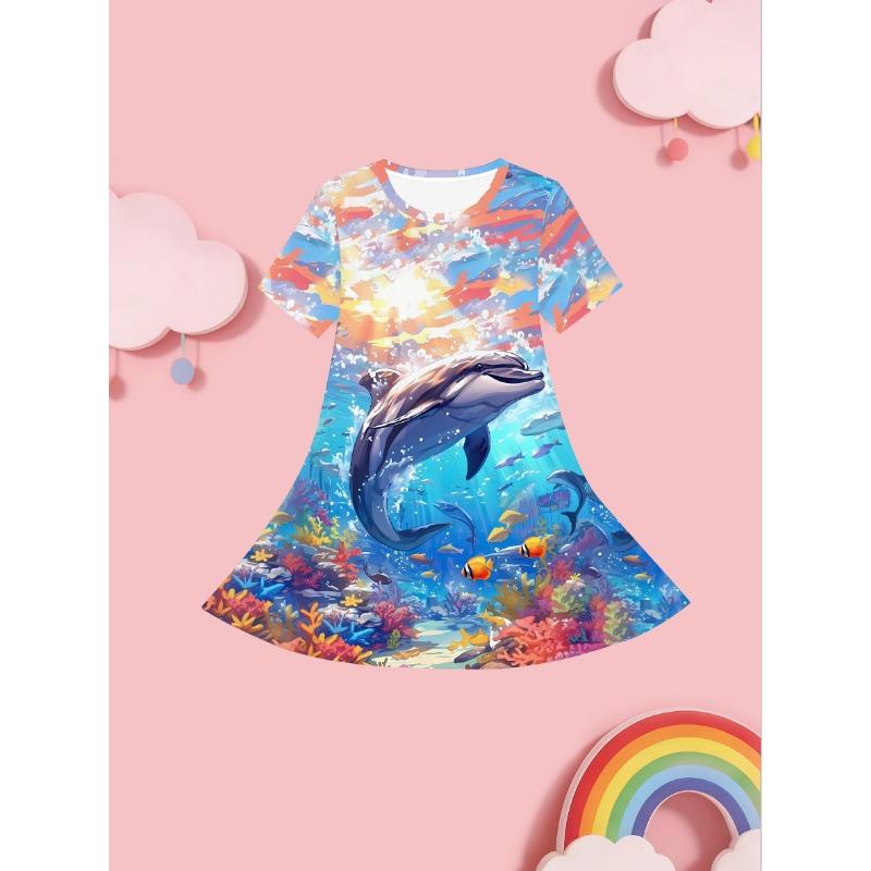 

Girls 3D Printed Short-Sleeve Dress with - A-Line Midi Length Dress Suitable for Casual Attire & Outfitsl 110