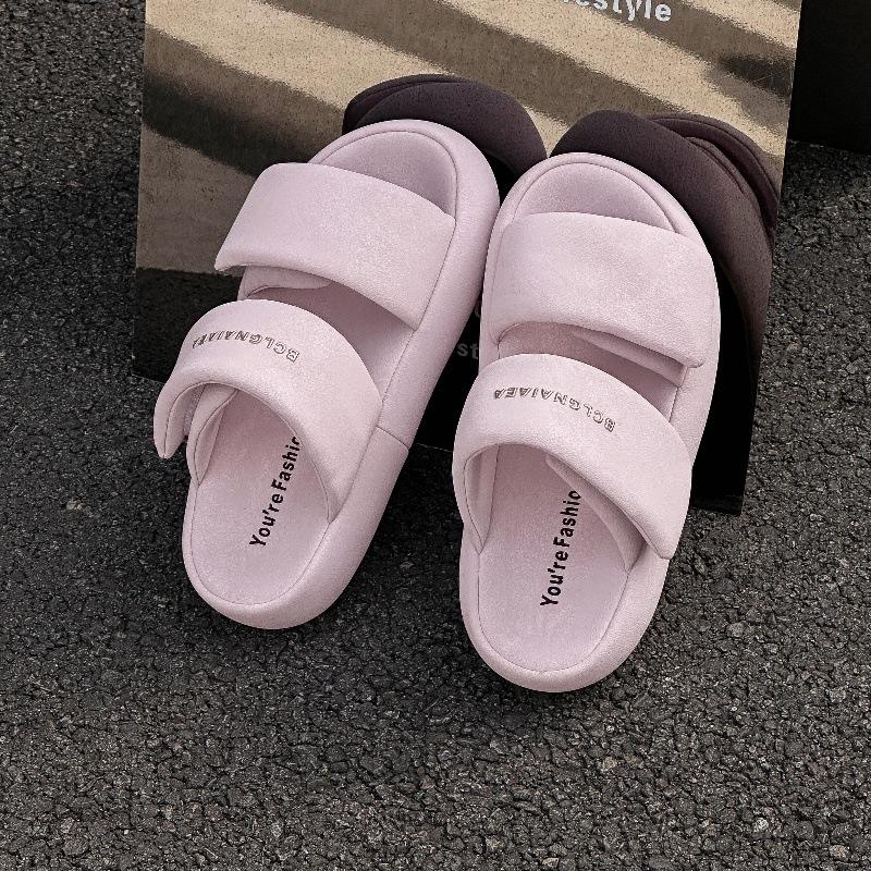 Sheepskin Version of One-word Slippers for Women's Summer Wear Velcro Thick-soled New Versatile Bread Cool Slippers