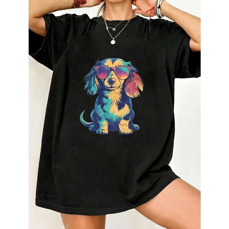 Oversized T Shirt Black Colorful Dog With Sunglasses Print Casual Wear For Women Summer Outfit Street Style Fashion Top