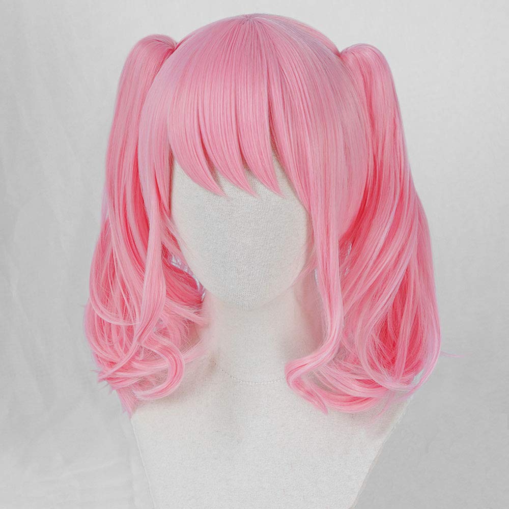 Heat-Resistant Cosplay Wig, "Second Castle," Pink, Short Hair with Twin Tail and Bun, Perfect for Parties and Costumes, + 4 Bonus Items