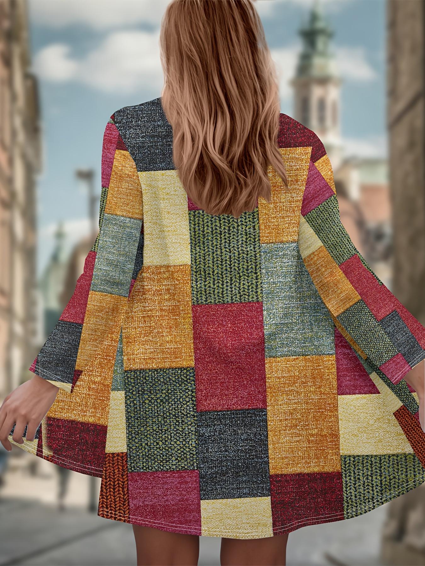 

Жіночий кардиган 2025 року з кольоровим блоковим принтом, поліестеровий, з відкритим передом, легка накидка, повсякденне пальто на весну-осінь 5XL