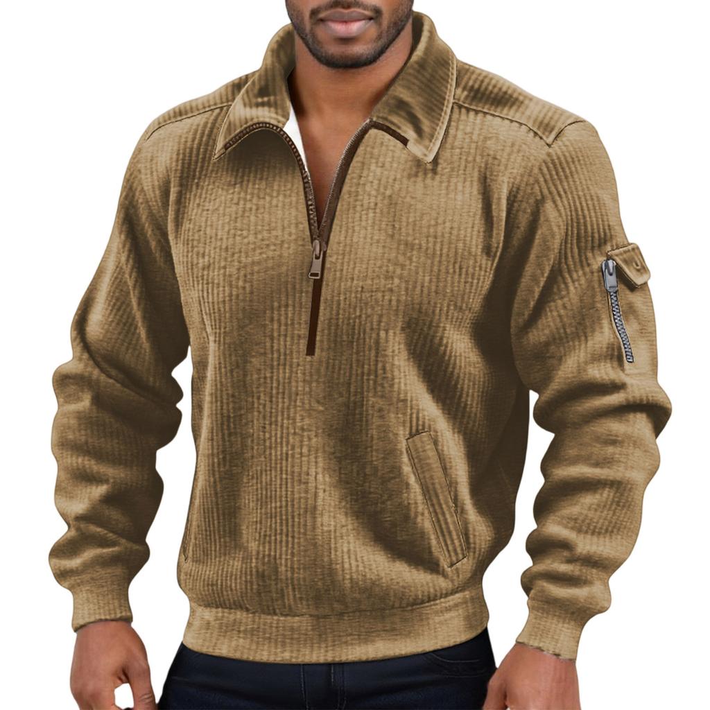 Men's Color Corduroy Zipper Neck Long Sleeve Top Men's Casual Lapel Top