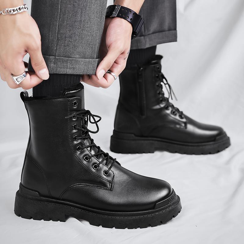 Men's warm plush high-top boots winter new soft-sole non-slip outdoor casual boots fashion snow work shoes black leather boots