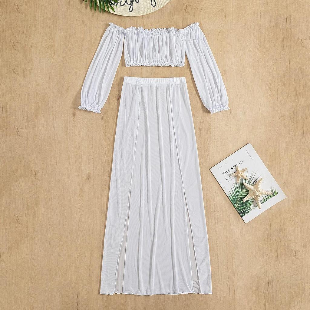 Women's European & American Off-Shoulder Swimsuit Cover-Up: Long Sleeve, High Slit Skirt, Two-Piece Set