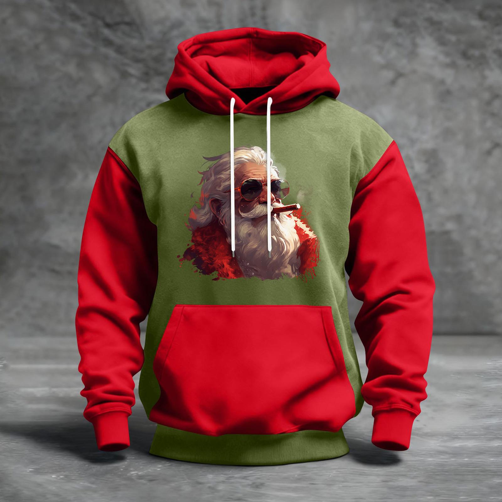 

Мужской рождественский свитшот с капюшоном, повседневный, спортивный, удобный, с цветными блоками и принтом XXXL красный