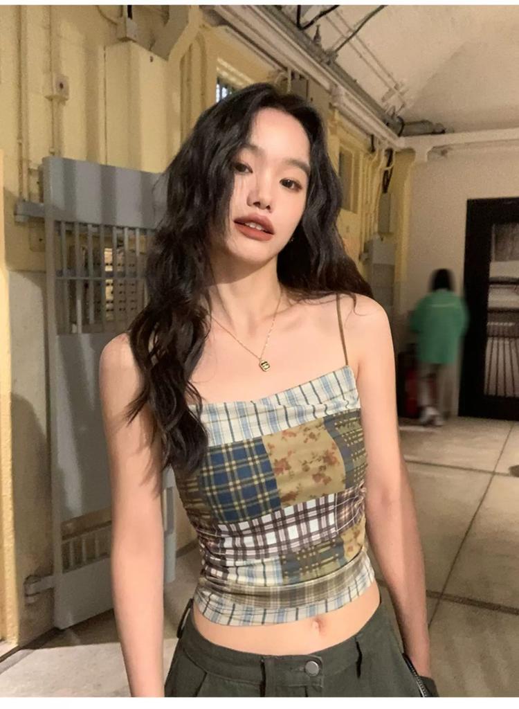 #Summer New Pure Desire Wind Irregular Plaid Printing Sling Vest Female Slim Short Fixing Belt Chest Pad
