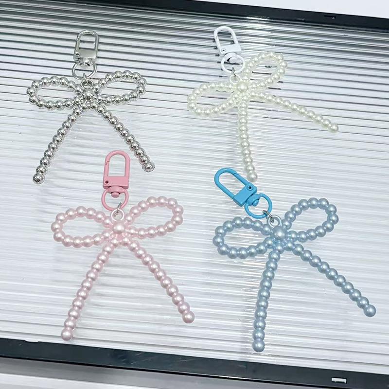 1PC Korean-Style Minimalist Phone Case Versatile Faux Pearl Dainty Keychain Trendy Bow Chic Charm Elegant 10x6cm
