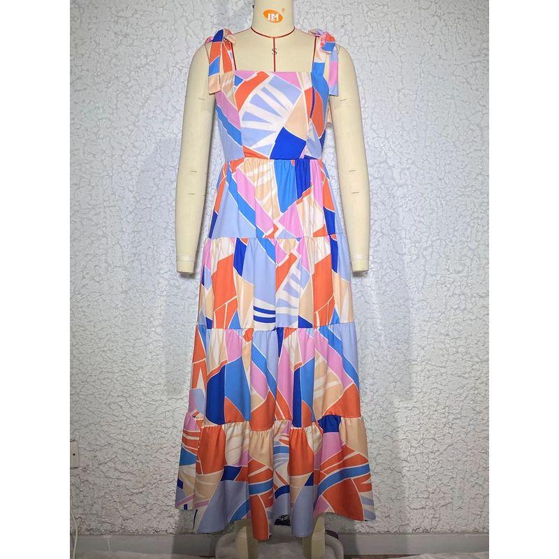 

Fashion New Arrival Square Collar Spaghetti-Strap Floral Print Dress Casual Vacation Dress Printed Backless Dress Color Print L