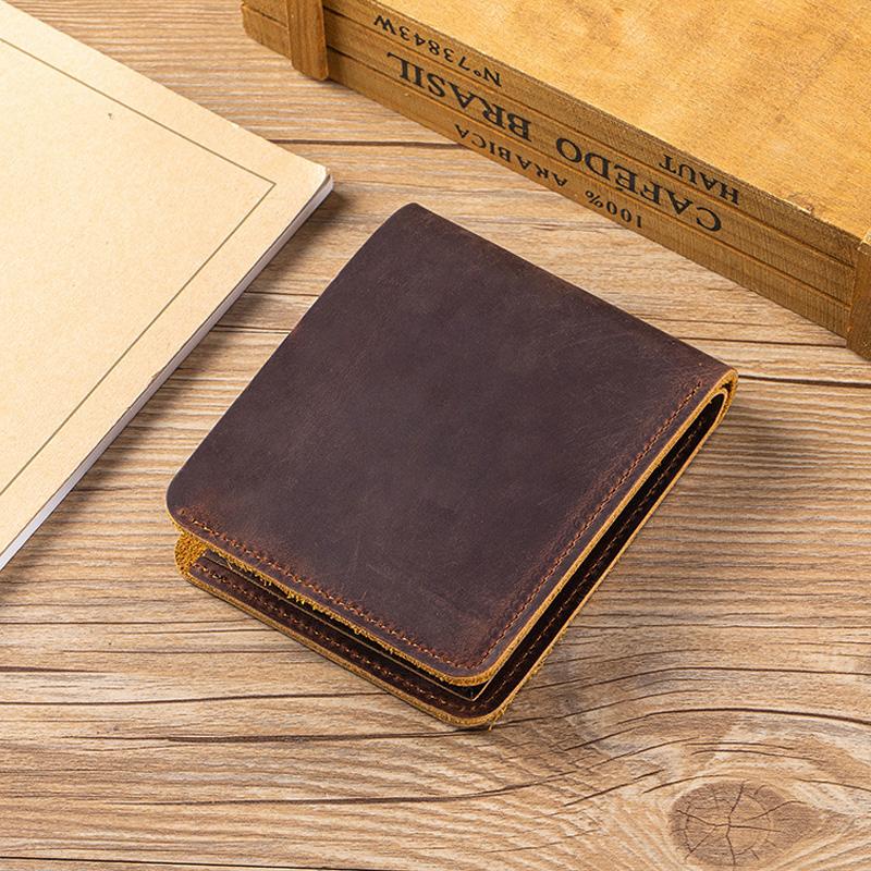 Portofel Bifold Slim pentru Bărbați din Piele Naturală Crazy Horse, Artizanal, Vintage, Suport Carduri din Piele de Vacă, Portmoneu Scurt cu Buzunar pentru Monede