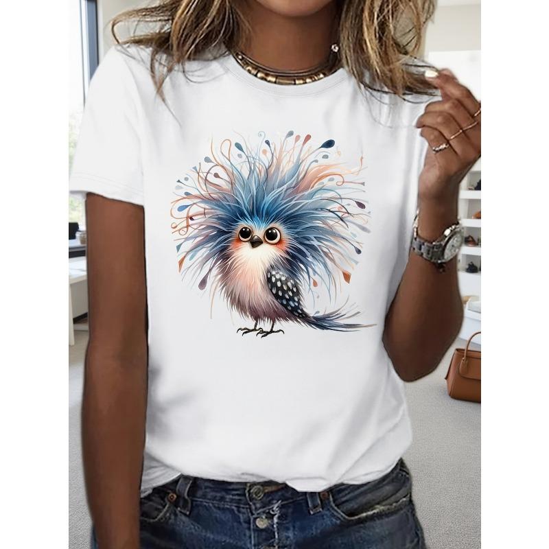 

European size Funny Bird Women S Spring/Summer Short Sleeve Animal T-Shirt Fun And Relaxed For Any Day 4XL білий