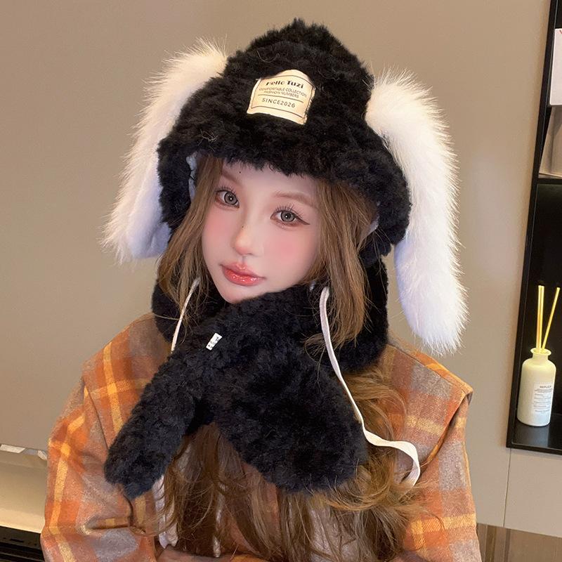 

Милая плюшевая шапка с кроличьими ушками для женщин на осень и зиму. Толстая шапка-пуловер, защита ушей и тепло, шапка-ушанка, шарф-шапка. M（56-58cm）