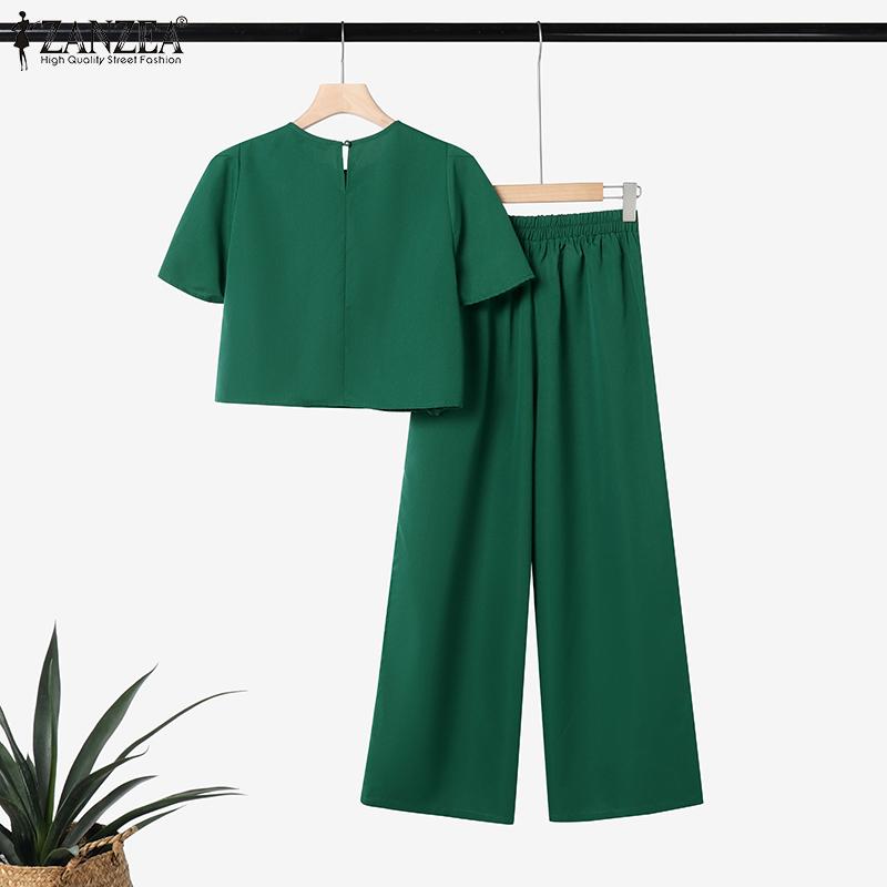 ZANZEA Women Short Sleeve Crcohet Blouse and Pants Summer Two Piece Suit Sets
