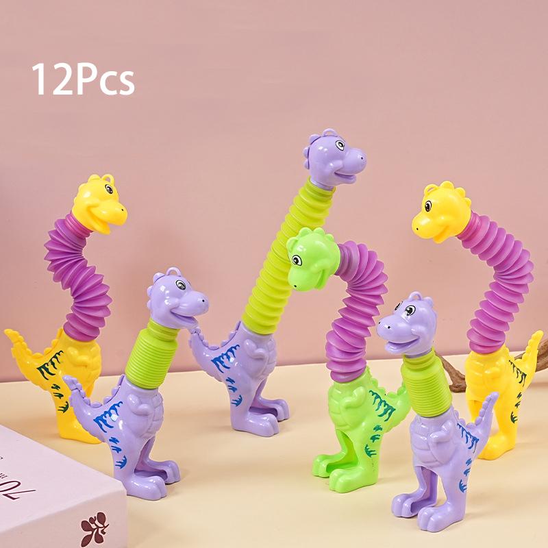 12Pcs Cartoon Stretchable Dinosaur Telescopic Tube Stress Relief Toy for Kids Birthday Party Favors Pinata Fillers Goodie Bag