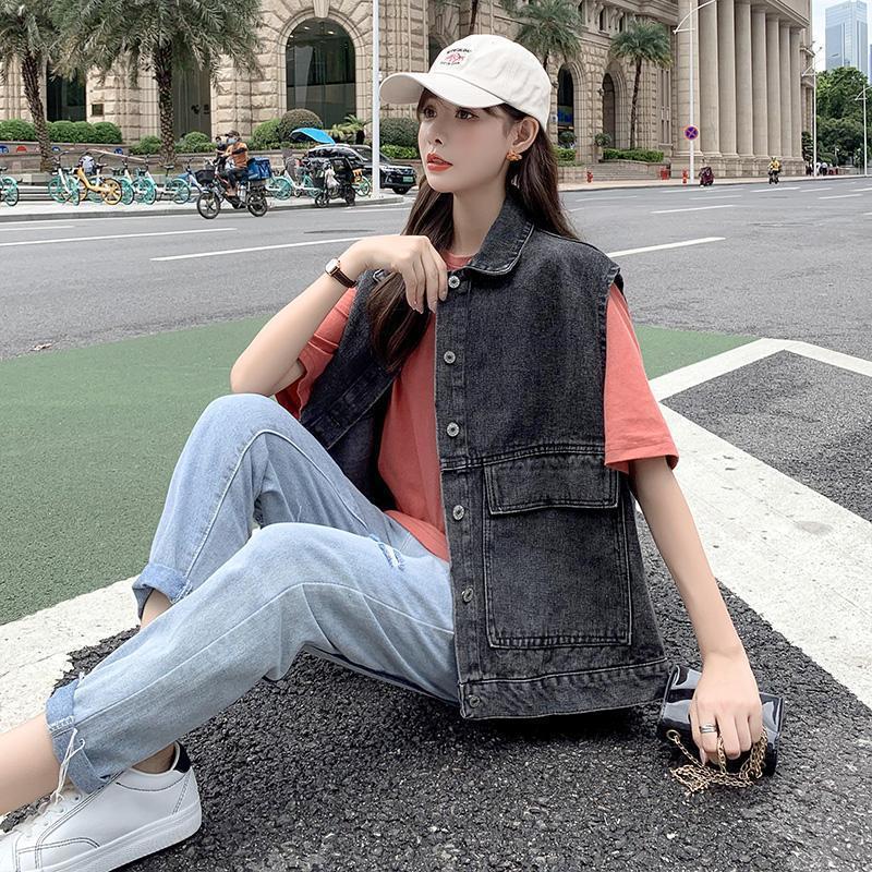 Mode Koreanischer Stil Ärmellose Jeansweste Damen Locker Geschnittene Jeansjacke