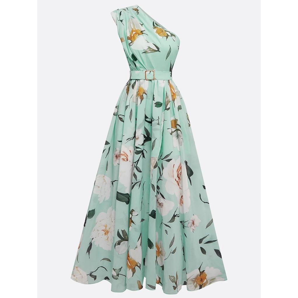 Women's Cocktail & Evening Dresses - Daily Women's One Shoulder Digital Print Sleeveless Maxi Dress with Belt
