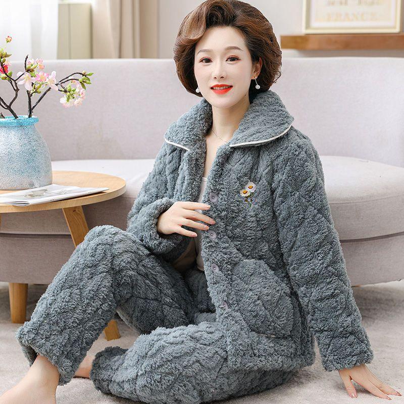Autumn Winter Women's Padded Thick Coral Fleece Coat and Pants Two-piece Warm Pajamas Set Loungewear