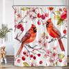 Red Birds Shower Curtain Pink Blossom Flower Branches Red Fruits Aimal Print Bathroom Decor Polyester Fabric Bathtub Curtain