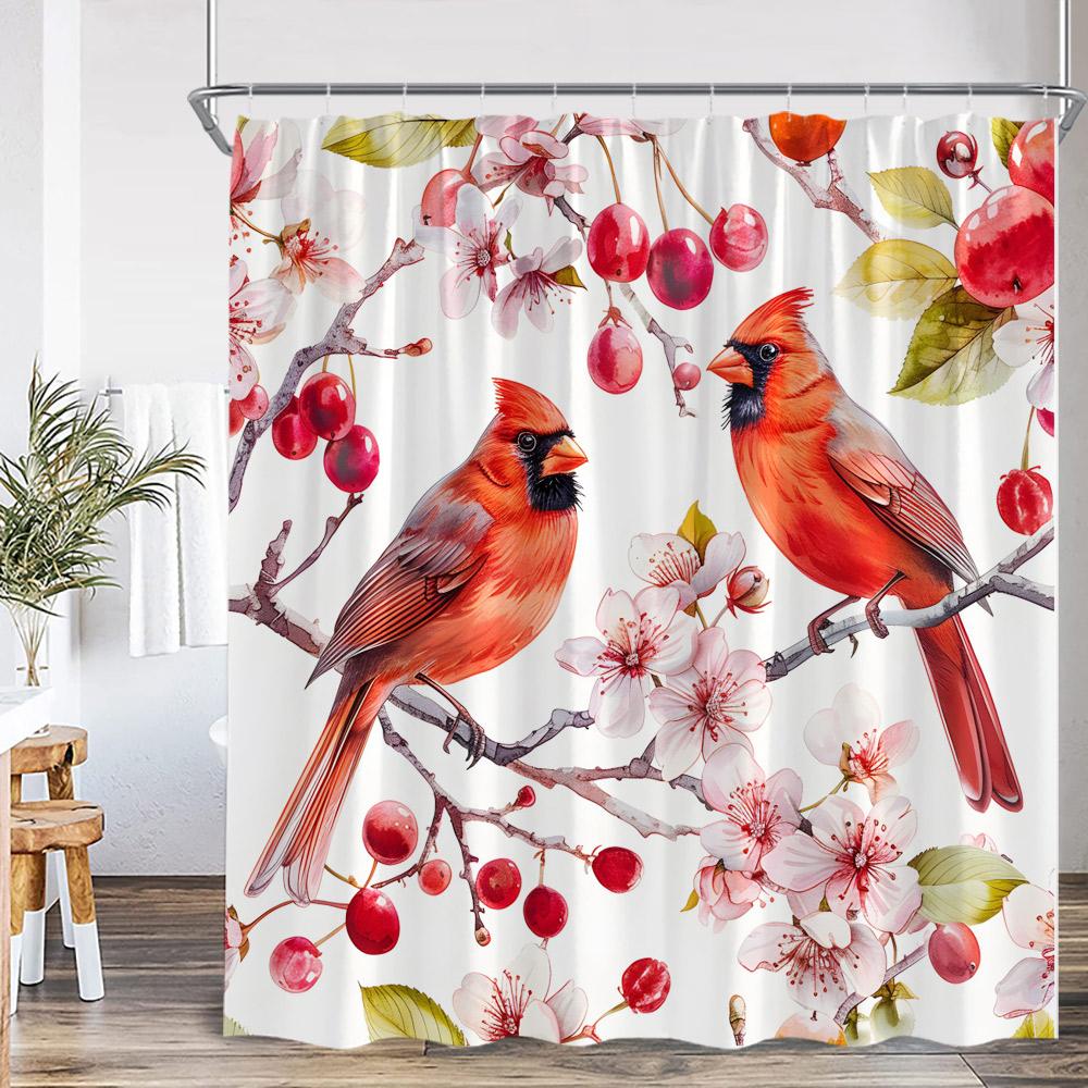 

Red Birds Shower Curtain Pink Blossom Flower Branches Red Fruits Aimal Print Bathroom Decor Polyester Fabric Bathtub Curtain 90x180cm-35x70in