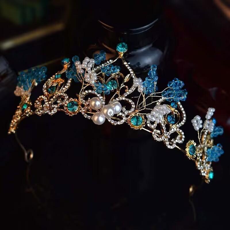 

New Forest style Bride s Crown Baroque Blue Crystal Handcrafted Beaded Headwear Princess Crown Hair Accessory High Appearance Level