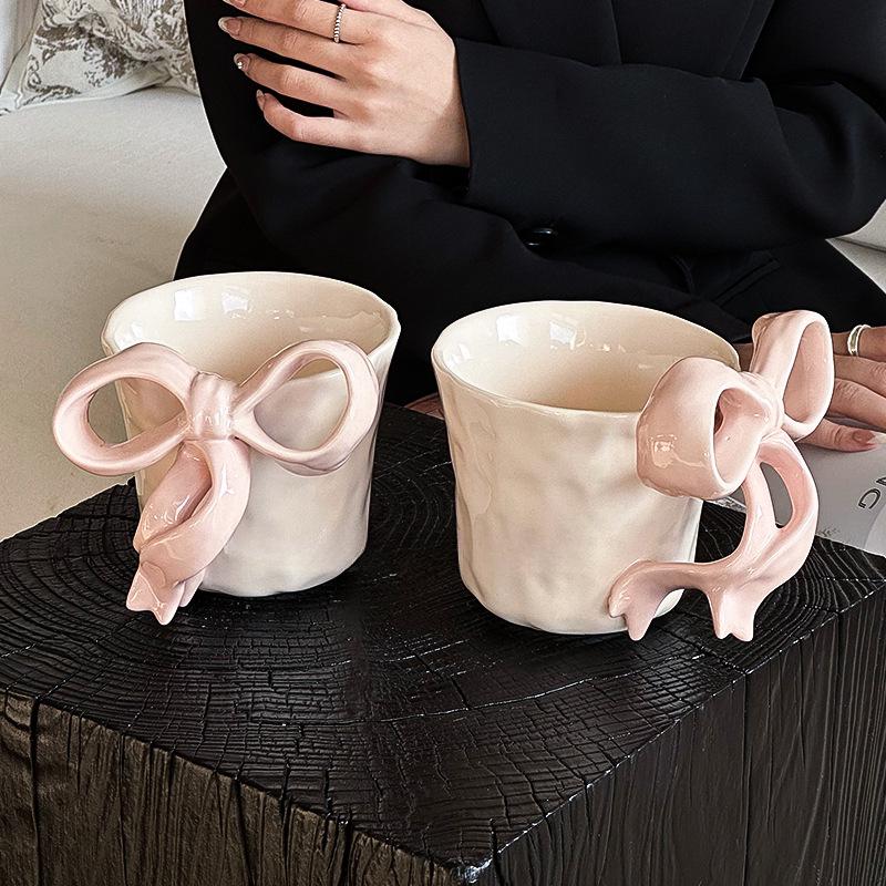Charming 3D Bow Ceramic Mug - Elegant Light Luxury Design