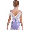 Girls Ballet Gymnastics Performance Leotard Butterfly Back Design Ruched Mesh Collar Spaghetti Straps Dancewear
