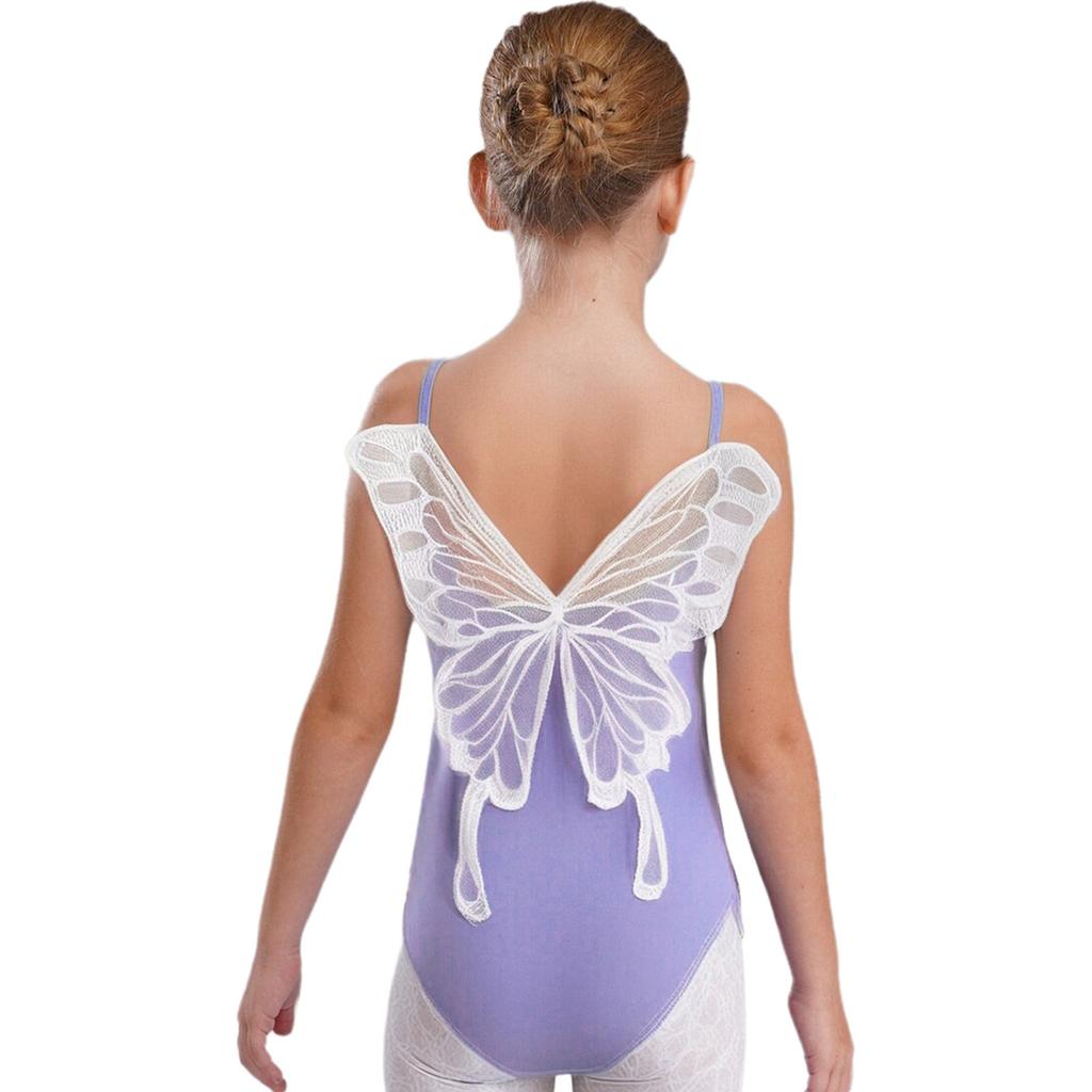 Girls Ballet Gymnastics Performance Leotard Butterfly Back Design Ruched Mesh Collar Spaghetti Straps Dancewear
