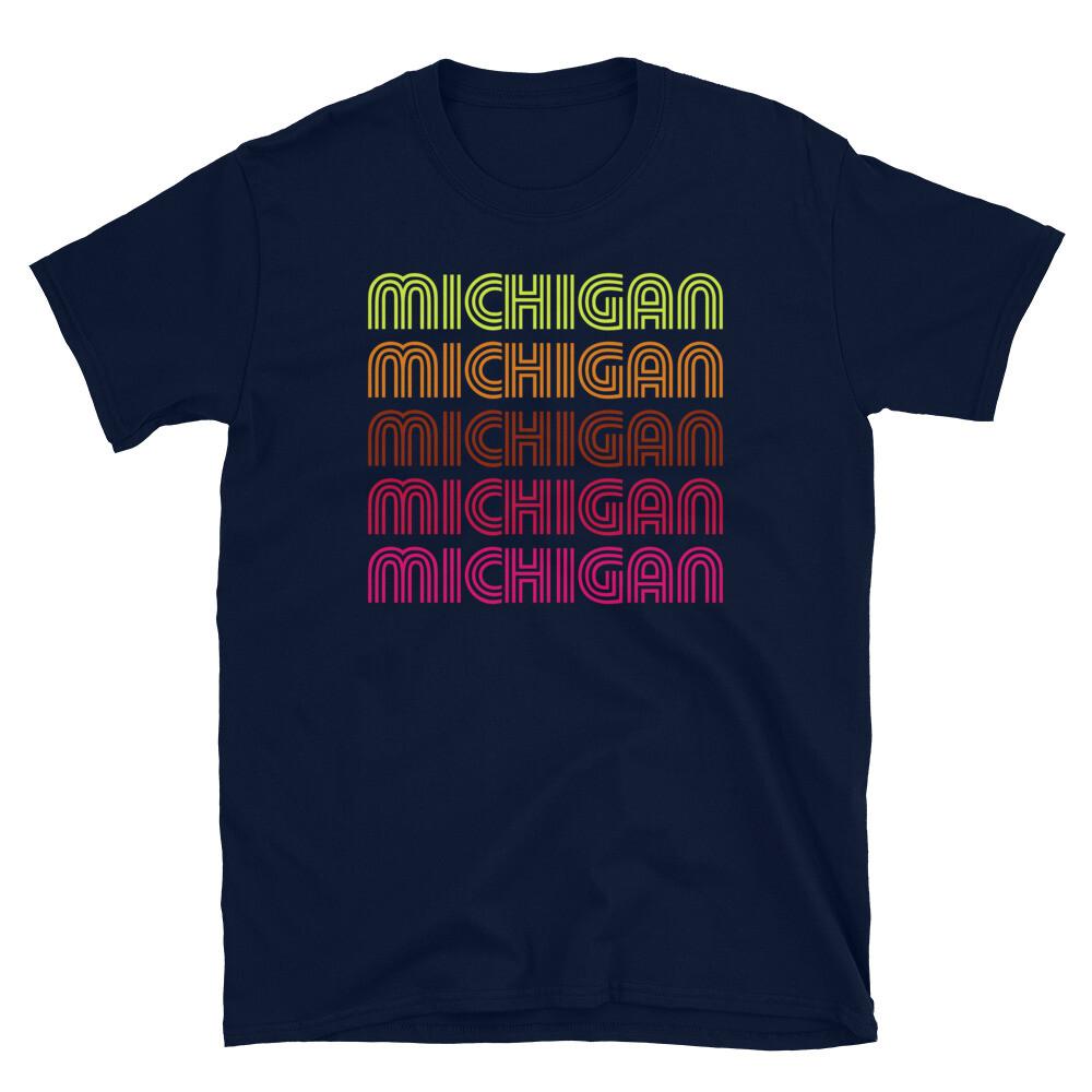 

Retro State of Michigan Inline Font Disco Design Short-Sleeve Unisex T-Shirt 4XL