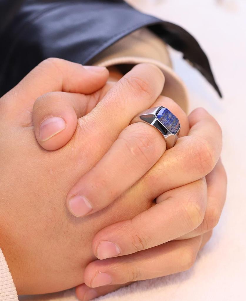 European & American Minimalist Retro Geometric 22MM Square Lapis Lazuli Inlaid Stainless Steel & Titanium Ring