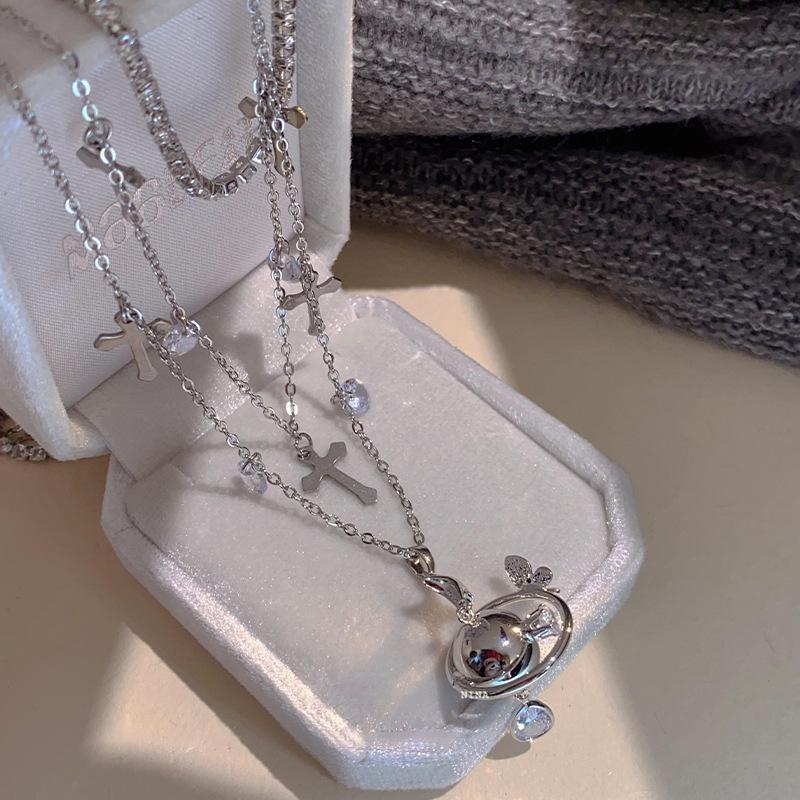 Zirconium-inlaid Three-layer Cross Planet Necklace Wind Personality Collarbone Chain Light Luxury Versatile Temperament Necklace Women