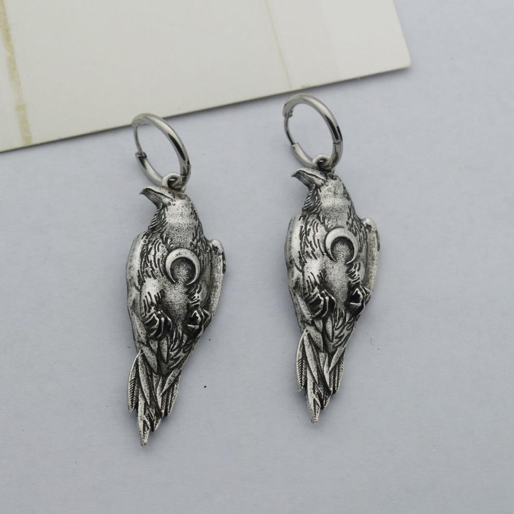 Norse Viking Wiccan Moon Phase Raven Earrings Stainless Steel Hook Handmade Jewelry