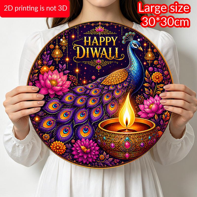 2D Flat, 1pc Round Aluminum Wall Hanging Ornament, Happy Diwali Colorful Peacock Gemstone Diya Lotus Marigold Printed Plaque, Wealth Fortune Blessing
