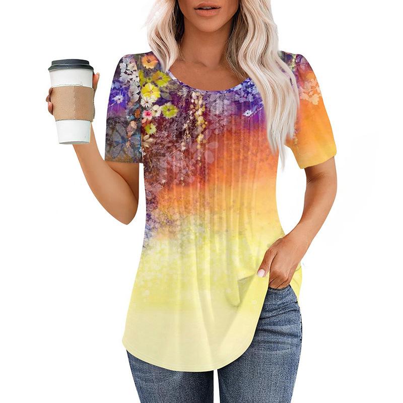 European And American Women's Tops New Style Pleated Round Neck Short-sleeved T-shirt Women's Shirt