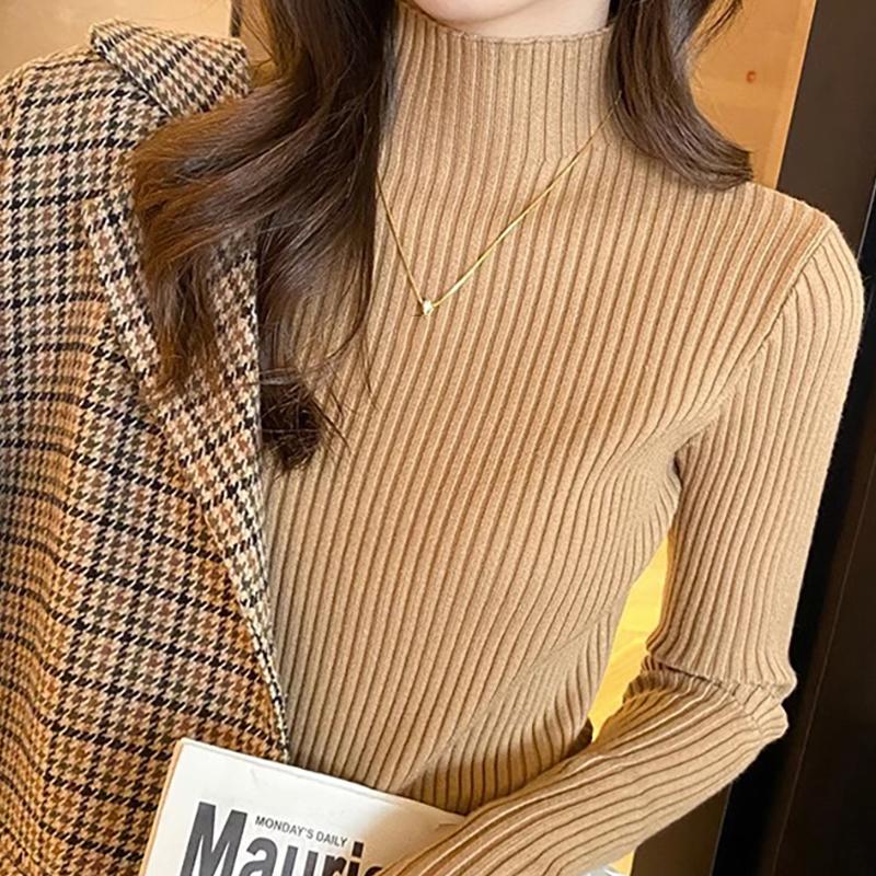 Autumn and Winter Long Sleeve Casual Pullover Knitwears Sweater Half High Neck Solid Base Knitted Women Office Ladies Elegant Slim Fit Sweaters 24977