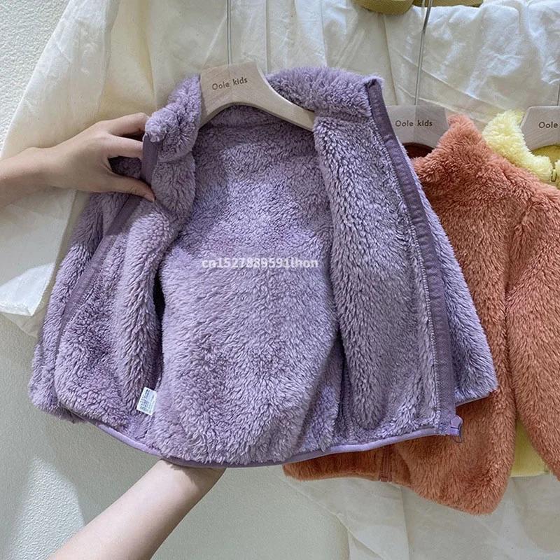 2024 Autumn Winter Girls Boys Casual Soft Warm Long Sleeve Coat Baby Kids Children Fleece Jacket Plush Zipper Closure Outerwear
