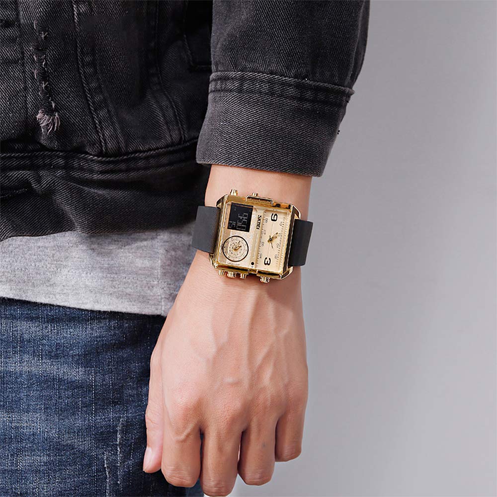 SKMEI Men's Digital Sports Watch LED Square Large Face Multi-Time Zone Waterproof Stopwatch Business Gold Black Light 1.78x1.61x0.55 inch