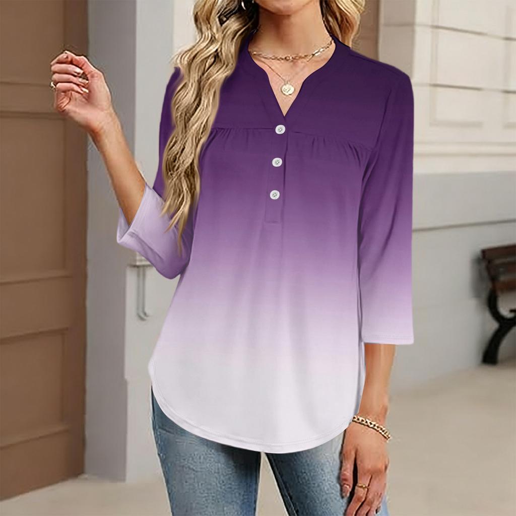 Women's Fashionable Casual Color Block Gradient Print V-Neck Button Three-Quarter Sleeve T-Shirt Top