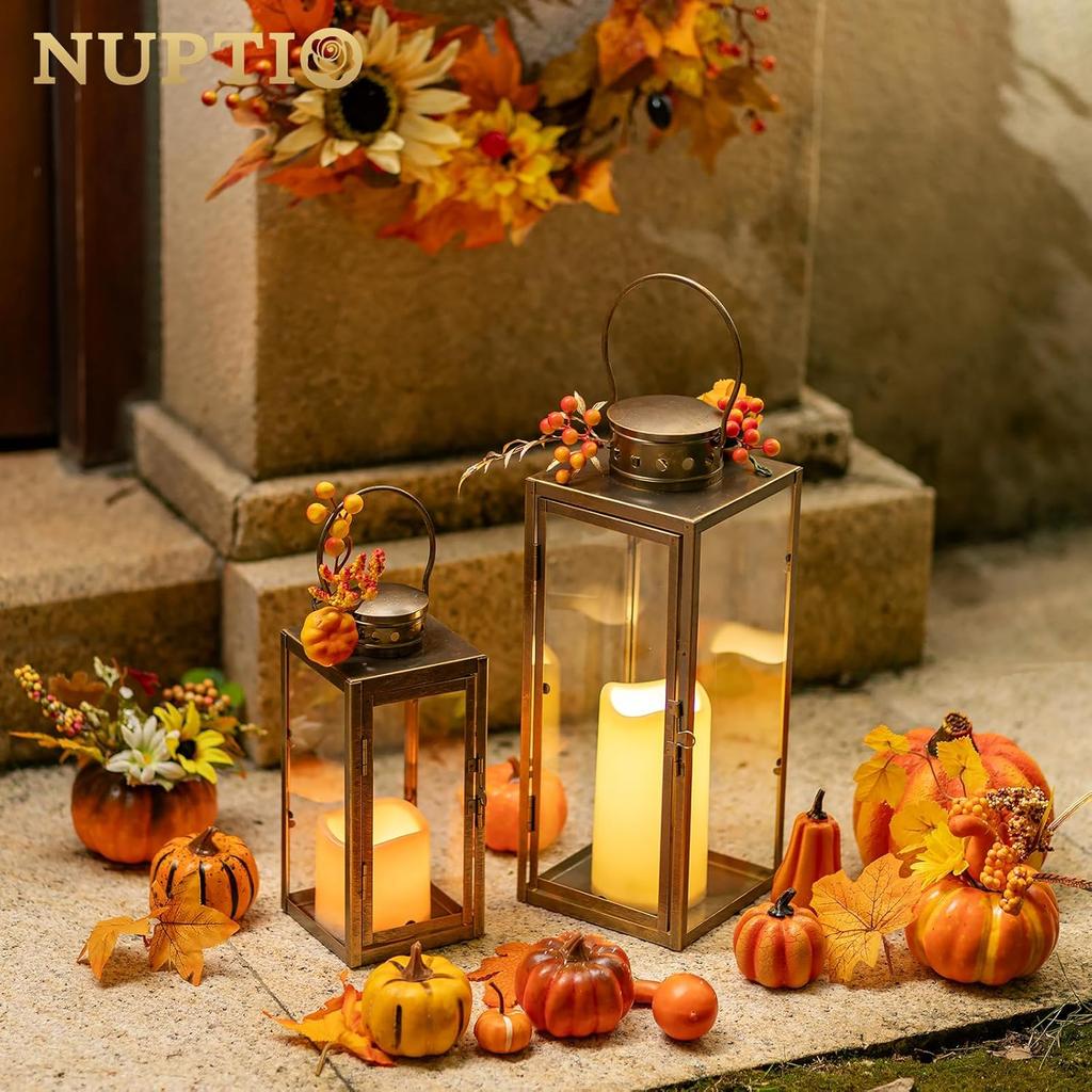 NUPTIO Vintage Lanterns Decorative Indoor: 9.5 inches Tall Hanging Farmhouse Metal Lantern Decor with Glass - Gold Distressed Candle Holder for