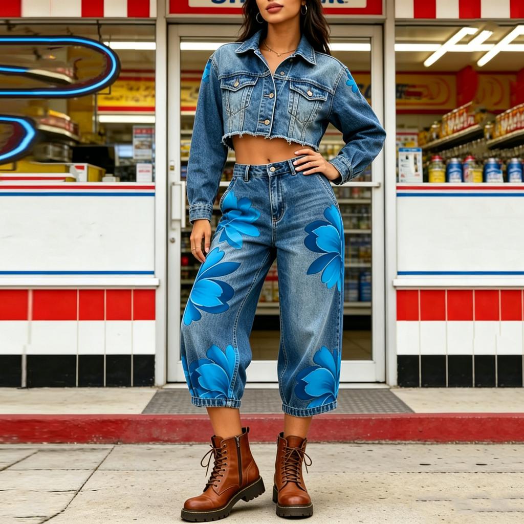 Damenmode Blumenmuster Denim Lässig Weite Beine Hose Hohe Taille Lockerer Schnitt Bequeme Hose Geeignet für den Alltag