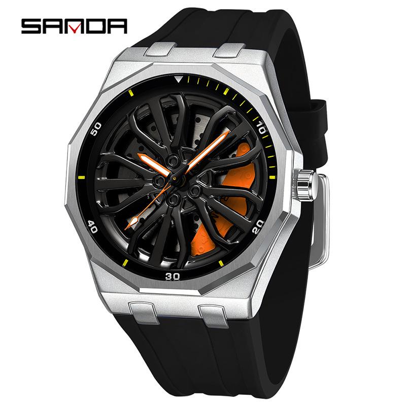 Sanda Men's Waterproof Alloy Car Wheel Design Silicone Wristwatch