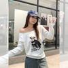 Cotton White Puppy Print Slanted Shoulder Long Sleeved T-shirt Women's Autumn Versatile Top